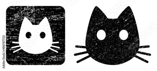 Vector cat head subtracted pictogram. Grunge cat head watermark, done from icon and rounded square. Rounded square stamp have cat head subtracted shape inside. Vector cat head grunge images.