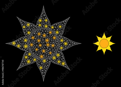 Sun icon and glare network sun model with illuminated spots. Illuminated model created using sun vector icon and triangle mesh. Illuminated frame sun, on a black background.