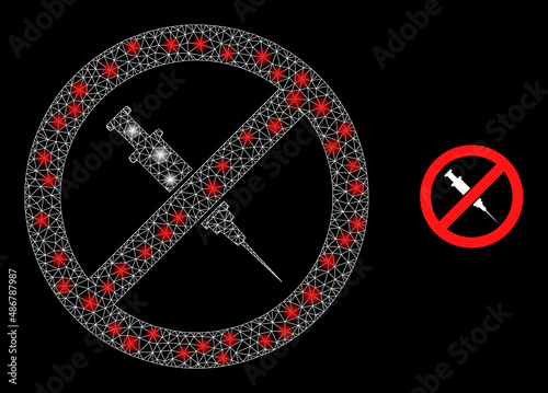 Stop vaccine icon and glowing network stop vaccine model with illuminated spots. Illuminated model is done using stop vaccine vector icon and triangle mesh. Glowing carcass stop vaccine,