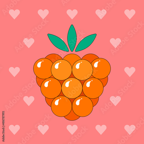 Vector illustration of a tasty cloudberry on a heart background. Tasty, juicy, berry dessert. It is suitable for use for postcards, gifts, social media, print, cafe menu, restaurant, bar, shops.