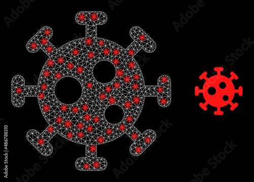Virus icon and glare mesh virus model with illuminated spots. Illuminated model done from virus vector icon and triangle mesh. Flare frame virus, on a black background.