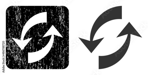 Vector exchange arrows hole icon. Grunge exchange arrows badge, done from icon and rounded square. Rounded square seal include exchange arrows hole inside. Vector exchange arrows grunge images.