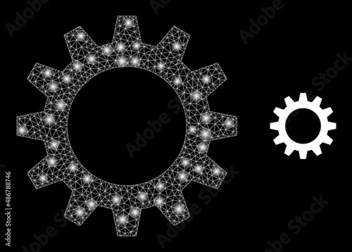 Gearwheel icon and shiny net mesh gearwheel model with illuminated light spots. Illuminated model done from gearwheel vector icon and triangulated mesh. Bright carcass gearwheel,