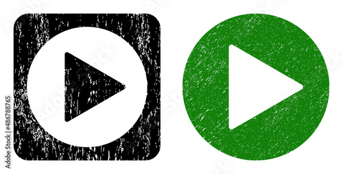 Vector play button hole icon. Grunge play button seal stamp, done from icon and rounded square. Rounded square stamp have play button subtracted shape inside. Vector play button grunge images.