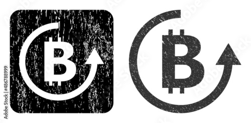 Vector bitcoin refund subtracted icon. Grunge bitcoin refund seal, done from icon and rounded square. Rounded square stamp seal have bitcoin refund cut out shape inside.