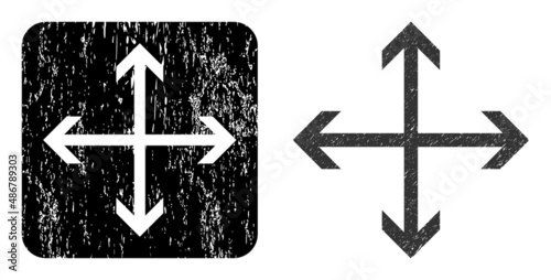 Vector expand arrows stencil icon. Grunge expand arrows seal stamp, done with icon and rounded square. Rounded square stamp seal have expand arrows cut out shape inside.
