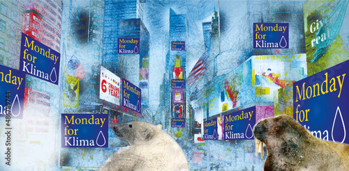 Eisbär, Walross in der Stadt, Monday for Klima, Illustration
