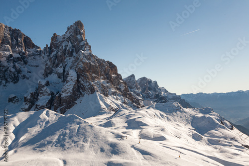 Rolle pass winter view, San martino di Castrozza, Italy. Cimon della Pala peak view.