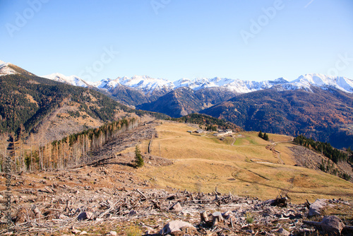 Mocheni valley autumn landscape, Baselga di Pine, Italy photo