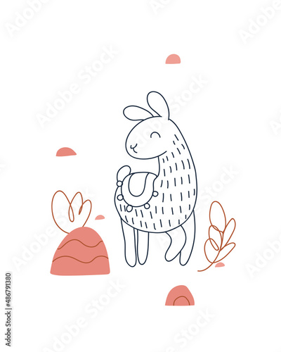 Cute cartoon llama. Print for baby posters, cards, clothes, printable. Vector cartoon illustration. 