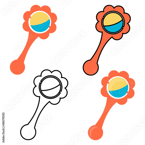 children's toy colorful rattle, coloring book drawing, children's book illustration, flat graphics black outline