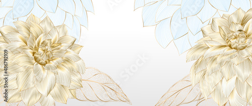 Leinwand Poster Botanical background with dahlias in gold color art line on a white background