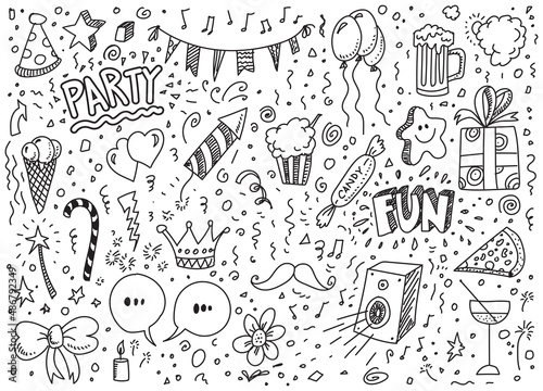 Vector party hand drawn doodles on white background