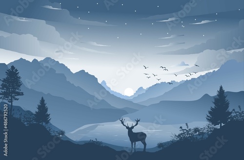 Mountain landscape with deer and river illustration flat design style Stock Vector