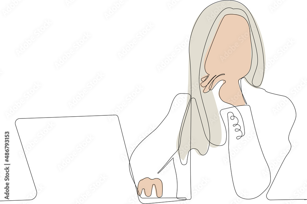One continuous line is the concept. Vector illustration. Continuous line drawing of focused young man using laptop typing on keyboard writing email or message for your design minimal One continuous line is the concept. Vector illustration. Continuous line drawing of focused young man using laptop typing on keyboard writing email or message for your design minimal