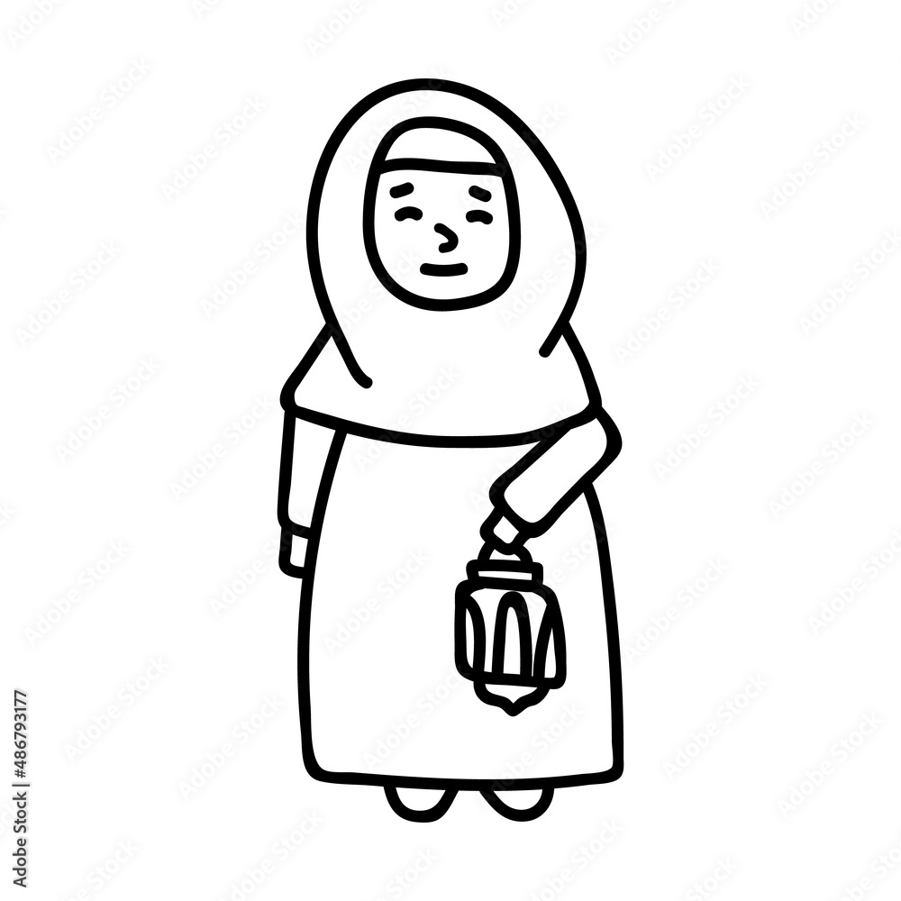 Muslim girl with a lantern. Vector illustration in doodle style. Ramadan sketch. Muslim girl with a lantern. Vector illustration in doodle style. Ramadan sketch.