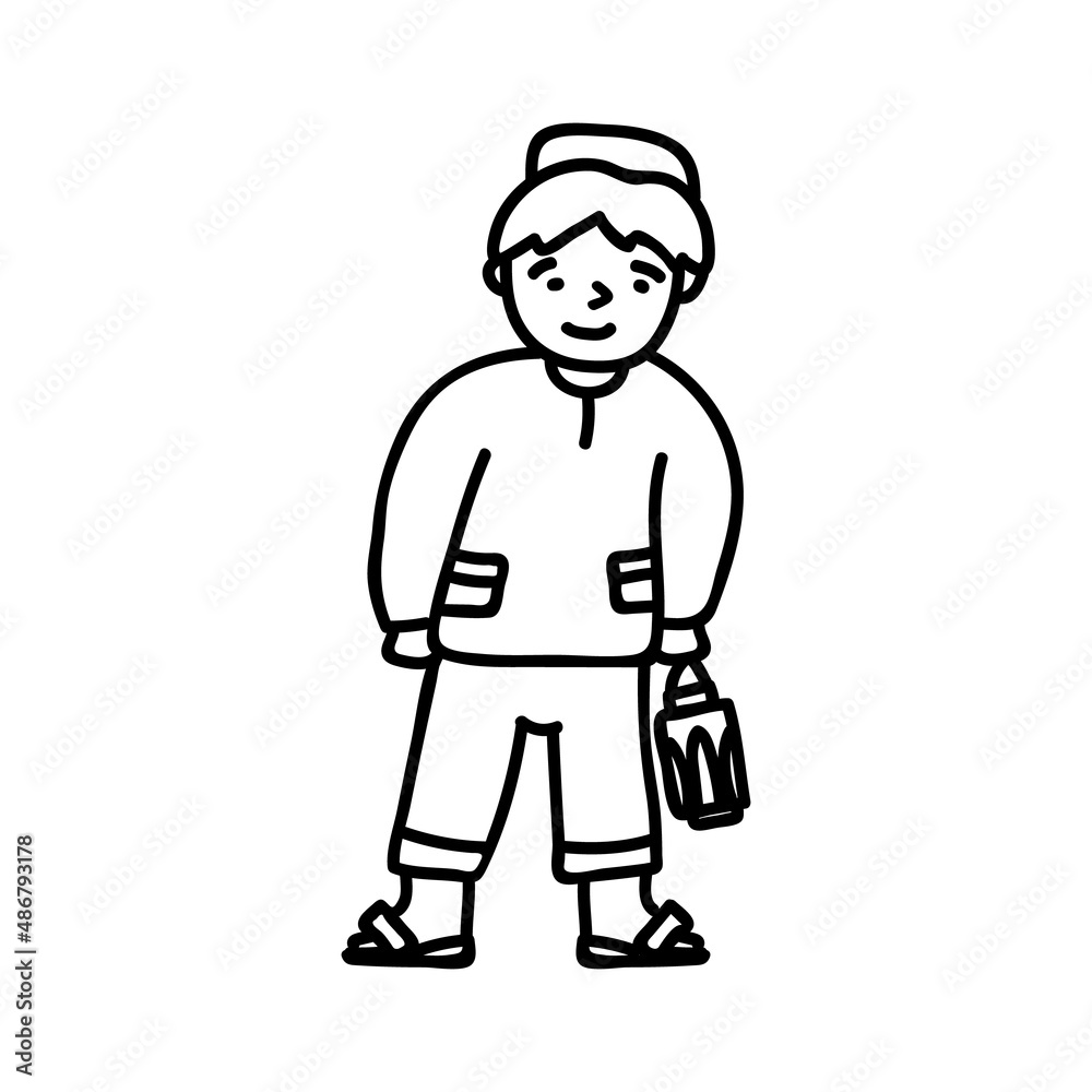 Muslim boy with a lantern. Vector illustration in doodle style. Ramadan sketch.