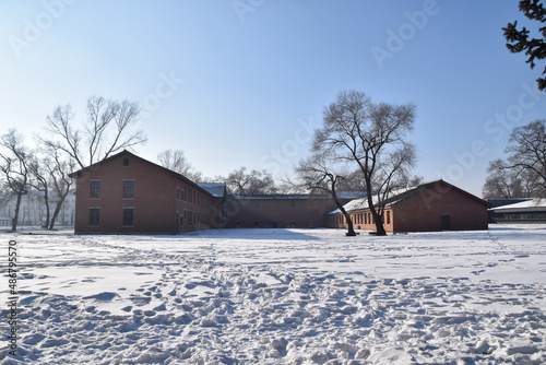 Snow-covered grounds of Unit 731 in Harbin, China. 