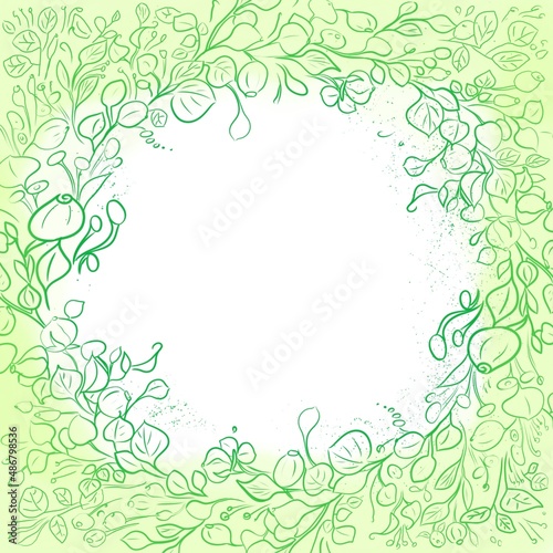Spring flower arrangement, round shape, greeting frame, hand-drawn illustration, idea for a postcard for spring holidays