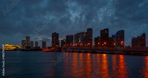Wallpaper Mural Miami panorama time lapse. Night sky timelapse on Miami beach city. Time lapse of sunset on cityscape sky and clouds moving with water ripple reflection. MacArthur downtown, Causeway city. Torontodigital.ca
