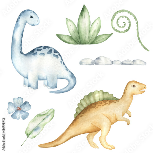 Watercolor dino illustration. Cute animal. Tropical floral and plants. Elements for kids decor.