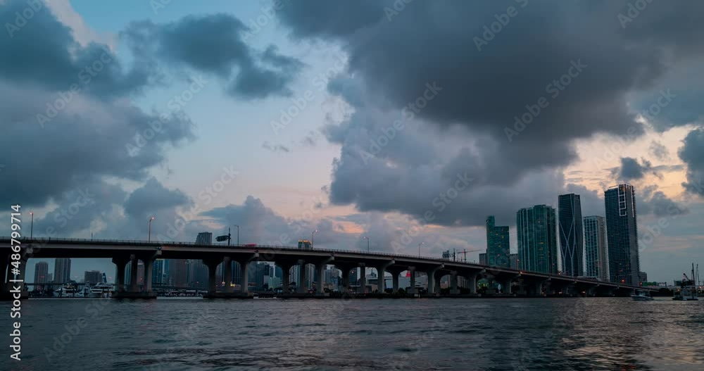 Miami panorama time lapse. Night sky timelapse on Miami beach city. Fast timelapse, motion video of clouds landscape city, dramatic light. Cityscape with ocean water. Miami panorama time lapse. Night sky timelapse on Miami beach city. Fast timelapse, motion video of clouds landscape city, dramatic light. Cityscape with ocean water.