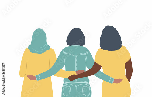 Women are standing and hugging. Back view. International Women's Day concept. Women's community. Female solidarity. Vector illustration.