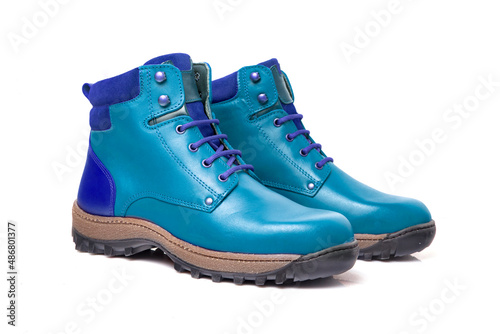 Male blue leather Boots on white background, isolated product. 
