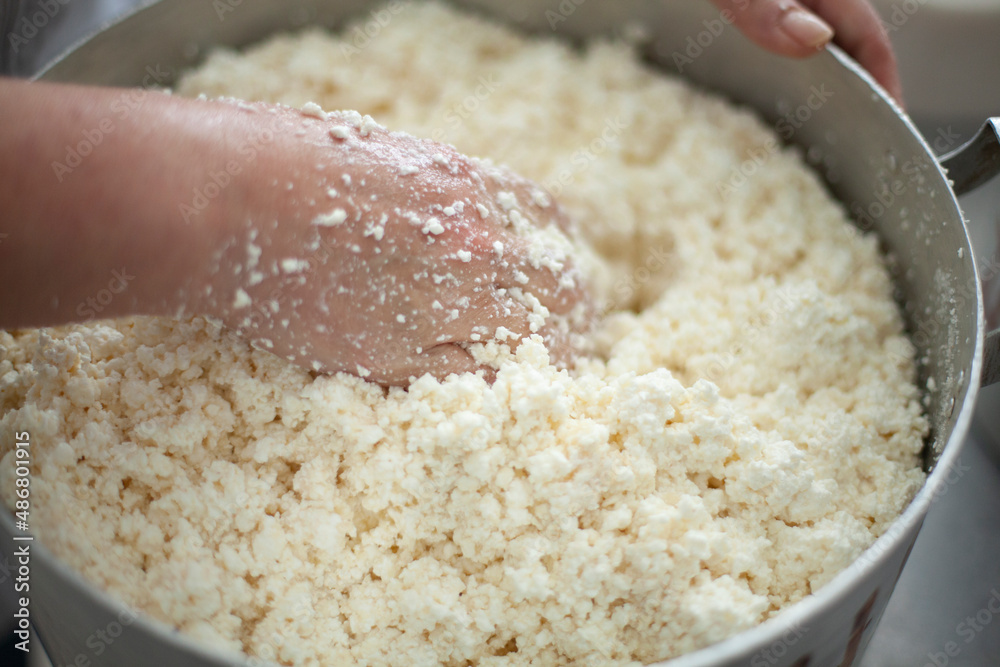 Cook mixes cottage cheese in pot. Hand kneads dairy products. Work in dining room. Details of making cheesecakes.
