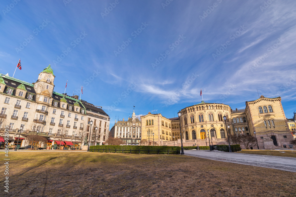 Fototapeta premium Oslo Norway, city skyline at Studenterlunden Park and Norwegian Parliament