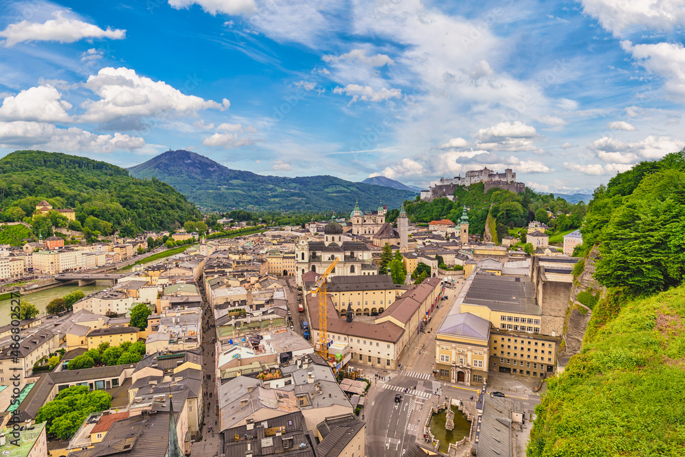 Salzburg Austria, city skyline of Salzburg city and Fortress Hohensalzburg