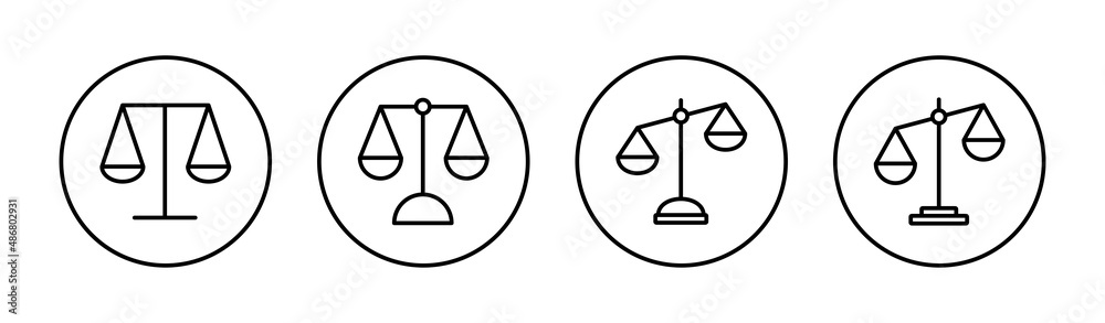 Scales icons set. Law scale icon. Justice sign and symbol Scales icons set. Law scale icon. Justice sign and symbol