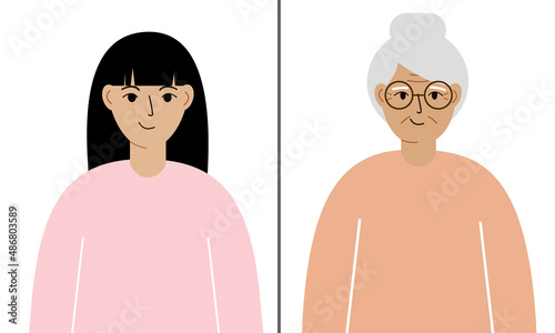 Young and Old woman Vector Concept Illustration. Normalizing gracefully aging process conceptual poster. Before and after concept