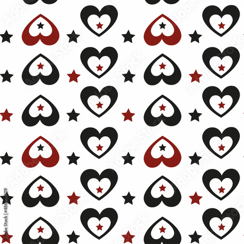 Rockabilly pattern with hearts and stars on a white background. Romantic seamless background in rockabilly style. Saint valentine's day pattern. Pattern and banner included. Red and black 