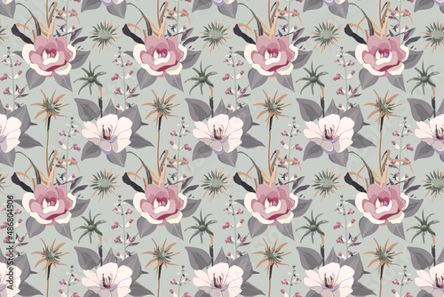 Vector floral seamless pattern. Pink and white pastel flowers, gray leaves on a light gray background.