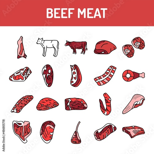 Beef meat color line icons set. Pictograms for web page, mobile app, promo. UI UX GUI design element. Editable stroke.