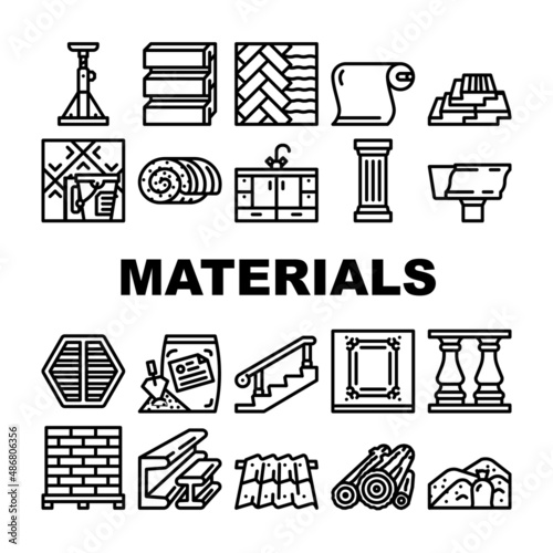 Building Materials And Supplies Icons Set Vector. Brick And Sand, Lumber And Plywood, Flooring And Roof Building Materials Line. Kitchen And Bath Cabinets Furniture Black Contour Illustrations