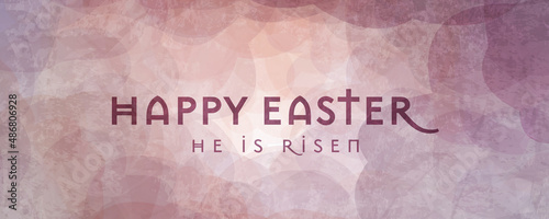 Happy Easter and He Is Risen in wide banner format.  Abstract pink clouds and sunlight shining through. Symbolizing the resurrection of Jesus Christ.

