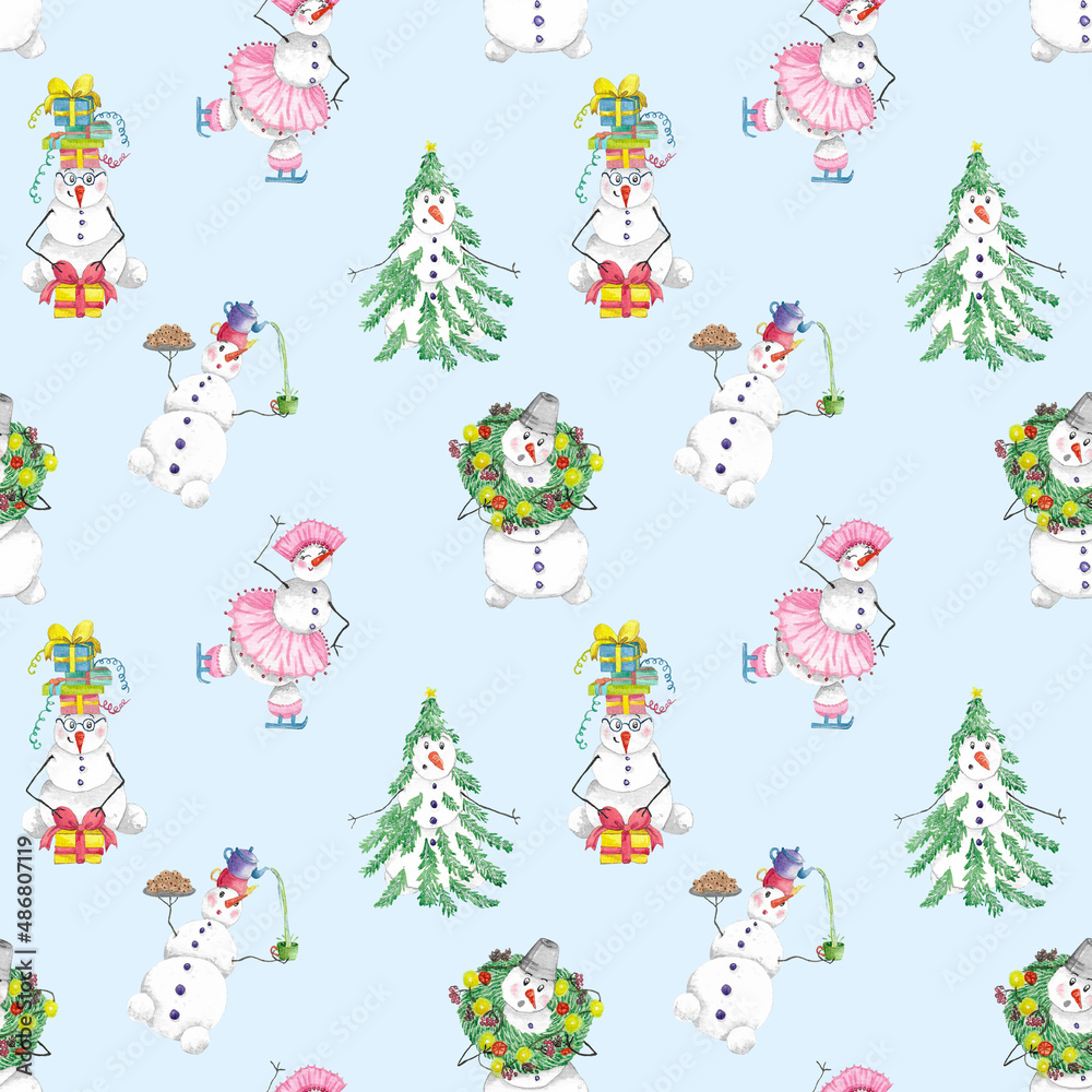 Cute snowmen seamless pattern on blue background
