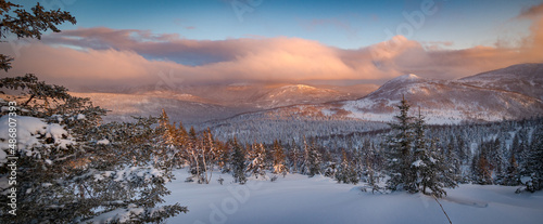 Panorama over the Gaspesie mountains on a winter majestic sunset, Gaspesie national park, QC, Canada