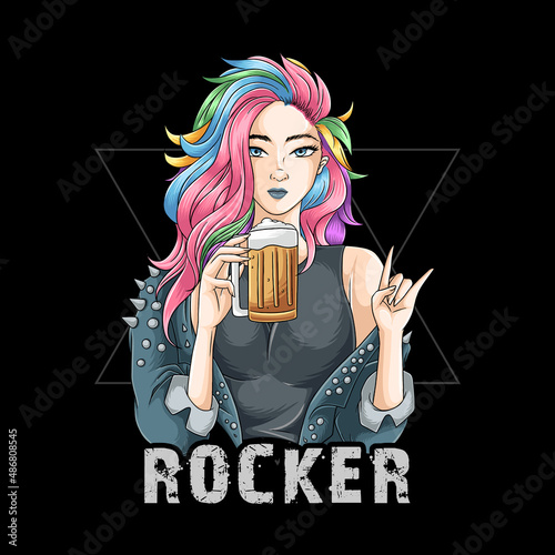 Rock N Roll girl with colorful hair brings a glass of beer