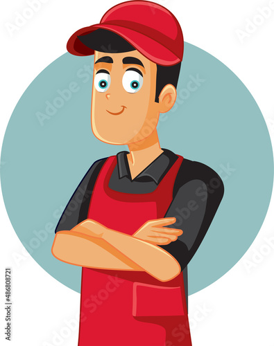 Supermarket Worker Standing Smiling Friendly Vector Cartoon Illustration
