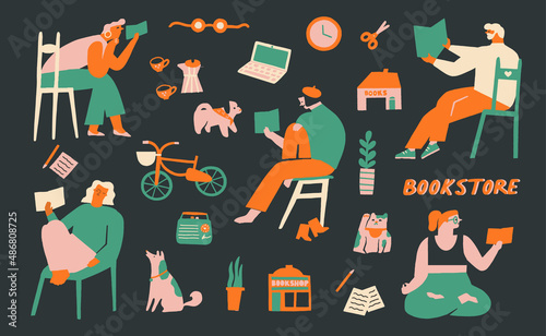 Love read books illustration in vector. People are sitting comfy at the bookshop, library or at home and read. Vector illustration