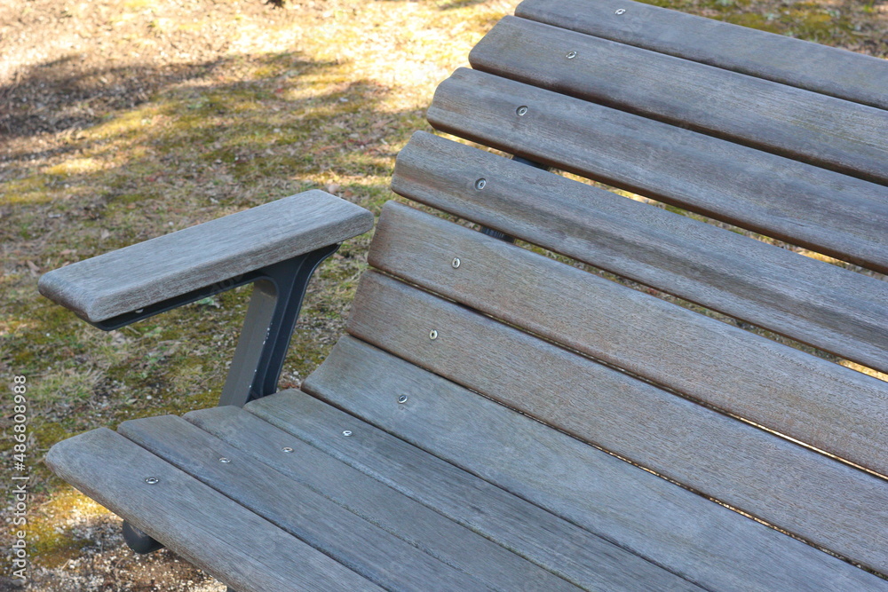 森の中の公園の木製ベンチ