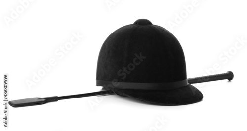 Принти на полотні Horse riding helmet and crop on white background