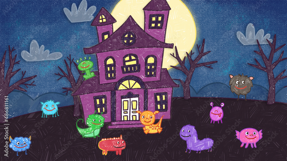 Naklejka premium Cute Monsters Celebrating Halloween Holiday Season Crayon Drawing and Doodling