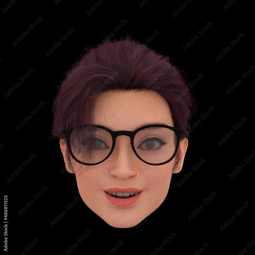 head of a beautiful adult woman with glasses and hair 3D illustration head of a beautiful adult woman with glasses and hair 3D illustration