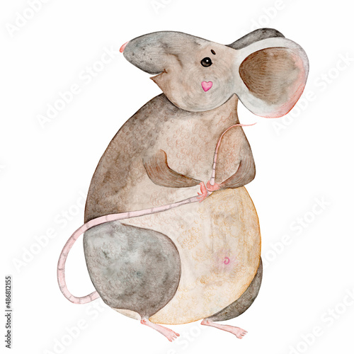 A plump gray mouse holds its tail and smiles. Watercolor
cartoon illustration 