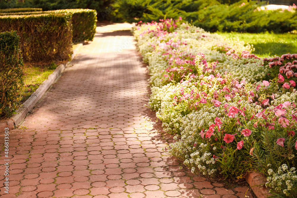 Pathway with flowers in autumn park Pathway with flowers in autumn park