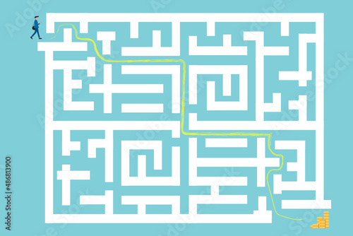 Business solution searching vector concept. Overcome difficult challenge, make decision and find success. businessman or entrepreneur in front of maze. entrance to maze with dollar sign.